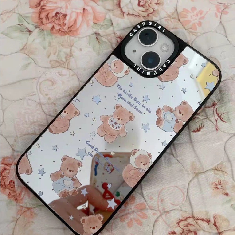 Cute Bear Mirror Phone Case for iPhone - Pink Brown